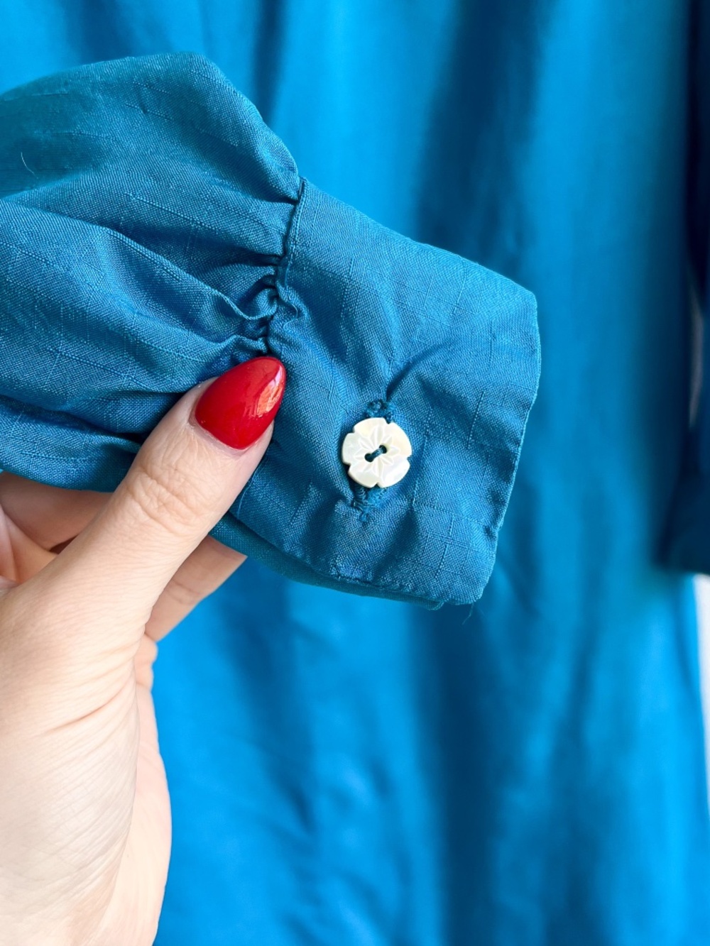 Vintage 1970s Teal Silk Dress With Tie (M) - Picture 8 of 15